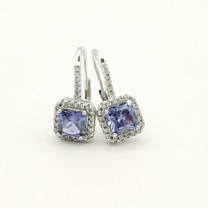 Sterling Silver CZ Sapphire CZ square cut earrings lever backs
